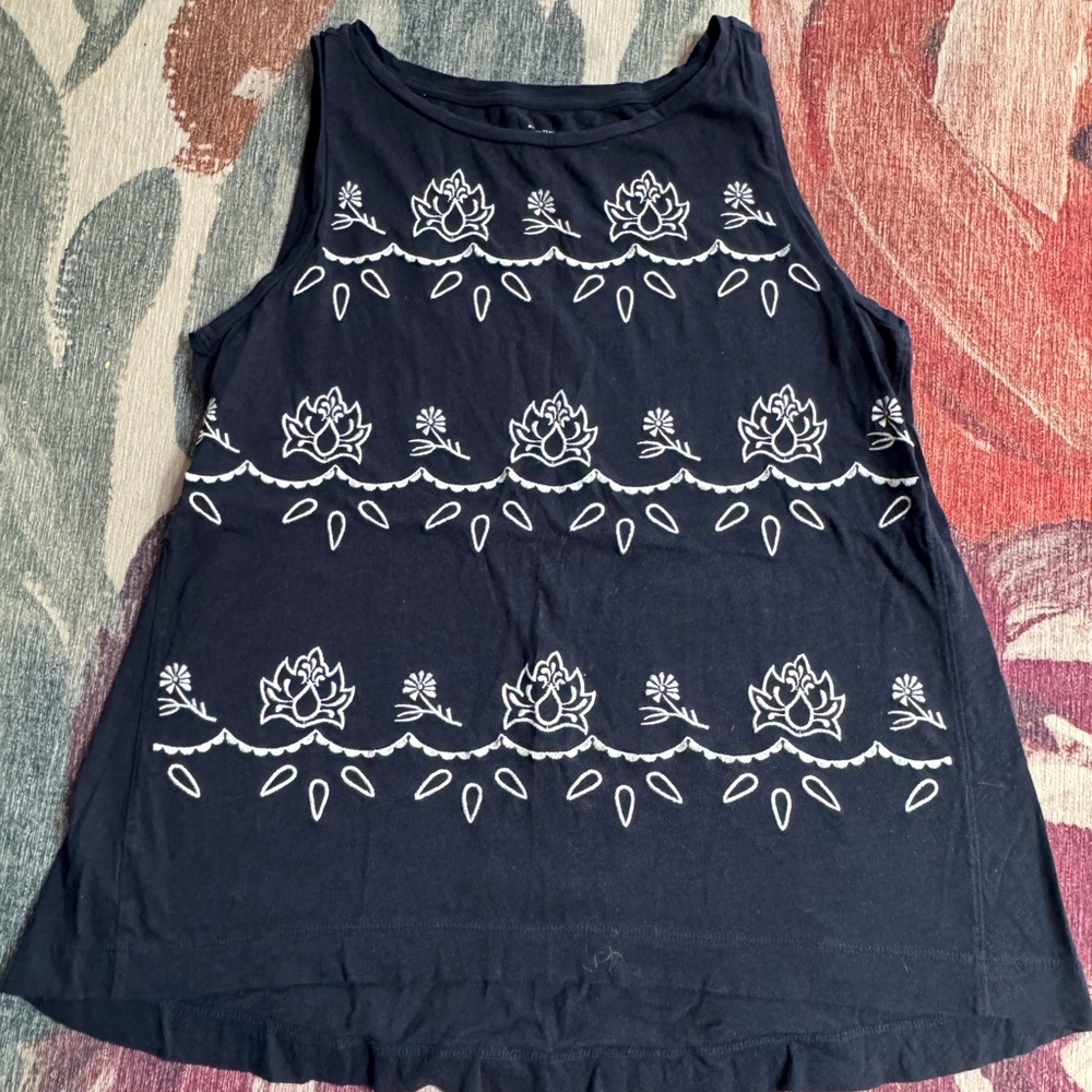 LOFT Dark Blue Tank Top with White Floral Pattern